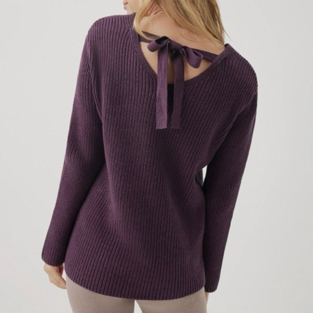 Pact Women's Ribbed V-Neck Sweater with Back Tie - Deep Plum
